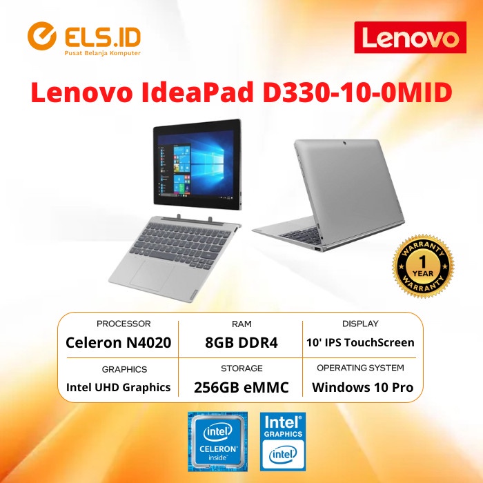 Lenovo IdeaPad Slim D330 0MID 2in1 Touch Celeron N4020 RAM 8GB eMMC 256GB 10"' WIN 10 PRO
