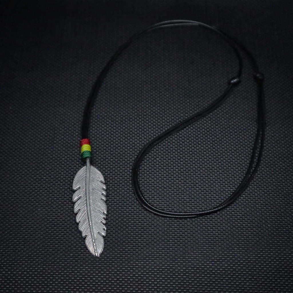 Kalung Pria Wanita Tali Hitam Bandul Liontin Bulu Feather Logam Alloy Rasta Series Adjustable Premium