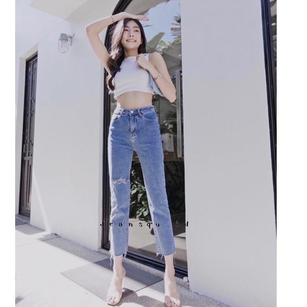 W22I Bf Sobek Paha Celana Jeans Wanita  Jeans Sobek Korean Highwaist aight Jeans Kekinian ZVG