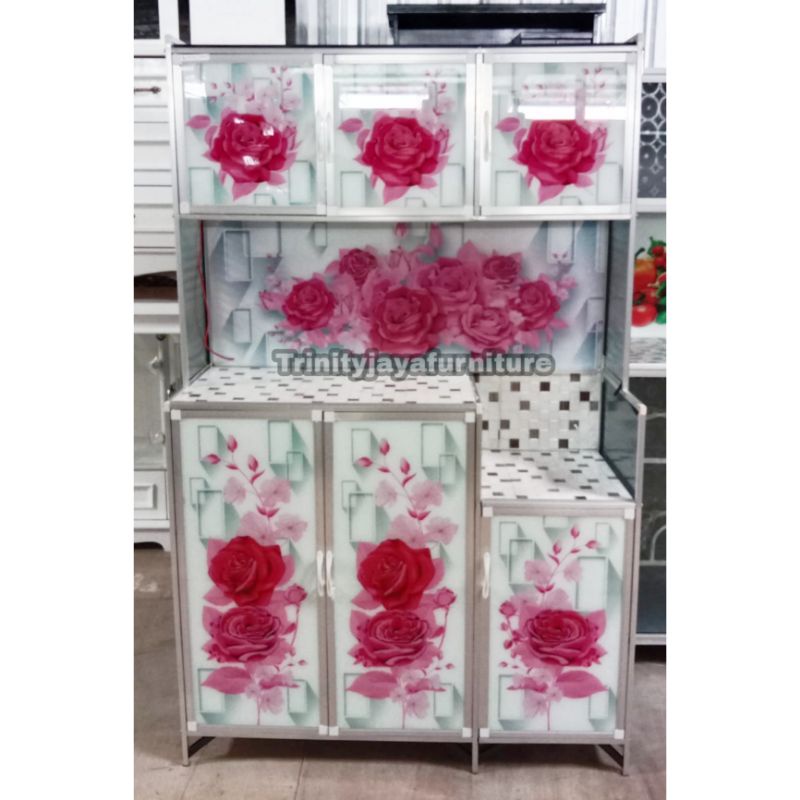 Lemari Piring Rak Piring 3 Pintu Almunium Kaca Full Karakter