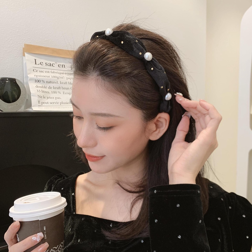 BANDO KAIN MOTIF POLKA DOT MUTIARA ELEGAN KOREAN STYLE BANDANA KOREA HITAM POLOS BEADED HEADBAND PEARL PESTA HIGH-END BENDO PESTA FORMAL