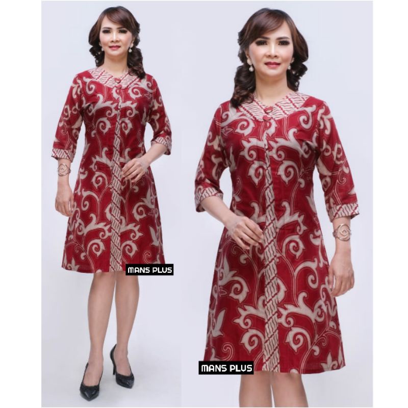 Dress Batik Jumbo M L XL XXL 4L 5L Atasan Tunik Big Size Lengan ¾ Batik Modern Seragam Kerja Wanita AMT-Mrh