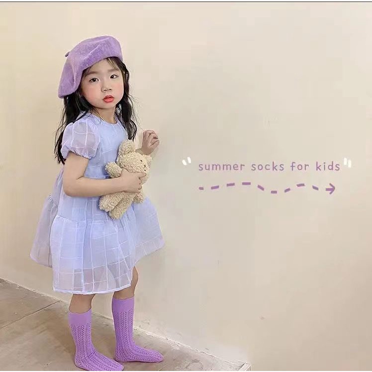 [Princess Kesli]Kaus Kaki Anak Perempuan Tabung Tengah / Kaos Kaki Anak Perempuan Warna Solid Mesh Bernapas Betis