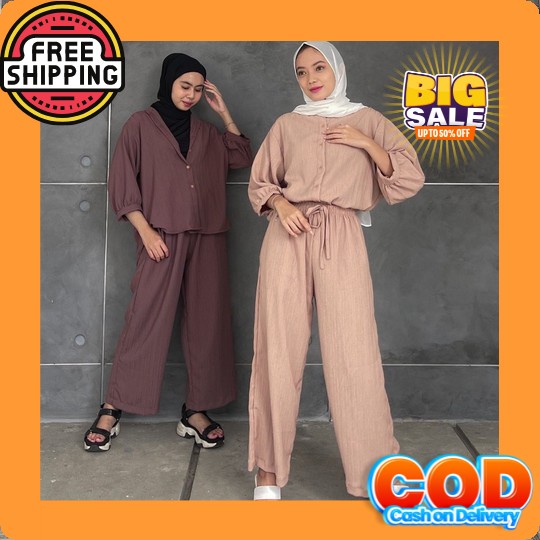Saukia Set | Setelan Wanita Kekinian Crinckle Airflow Motif Polos Bawahan Kulot One Set Wanita Terba