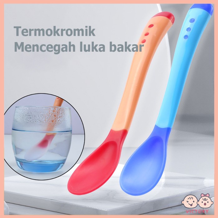 1 Set Sendok Makan + Garpu Bayi Sensor Panas – AC 39 – Alat Peralatan Makan Untuk MPASI Bahan Silikon / Silicone / Silicon BPA Free – Perlengkapan Tempat Alat Makan Set dengan sensor suhu makanan untuk merawat Kesehatan gigi dan mulut Bayi