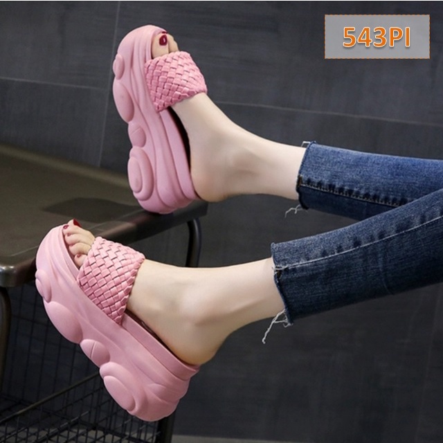 Sendal Wedges Wanita Hak Flatform Kekinian Anyam AP 02 Tinggi Sol 5 cm Krem Kuning Merah Hitam Pink (543)