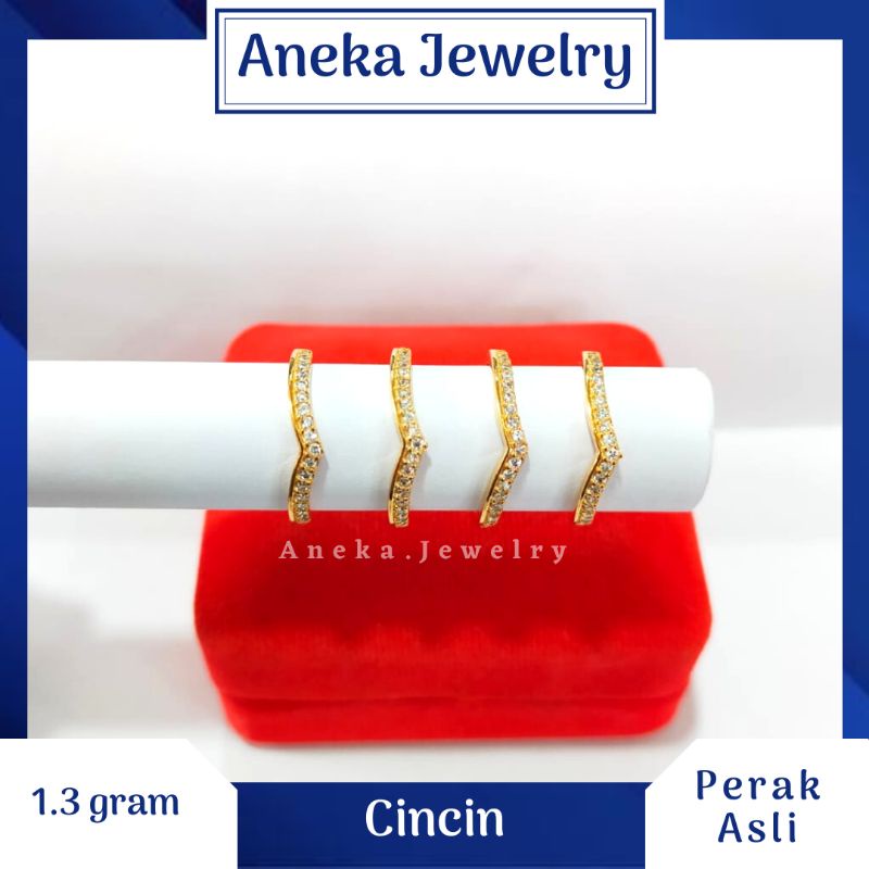 Cincin V Sebaris Full Mata-Mata, Perak 925, Sepuh Emas Kuning
