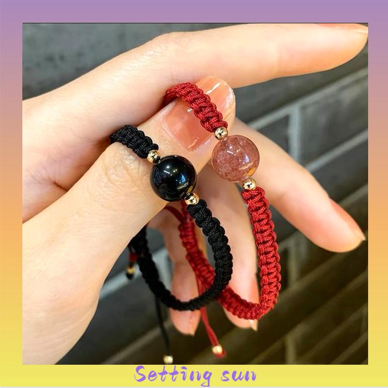 Gelang Tenun Pasangan Obsidian Rasa Desain Niche Temperamen Sederhana Tali Gelang Kristal TN