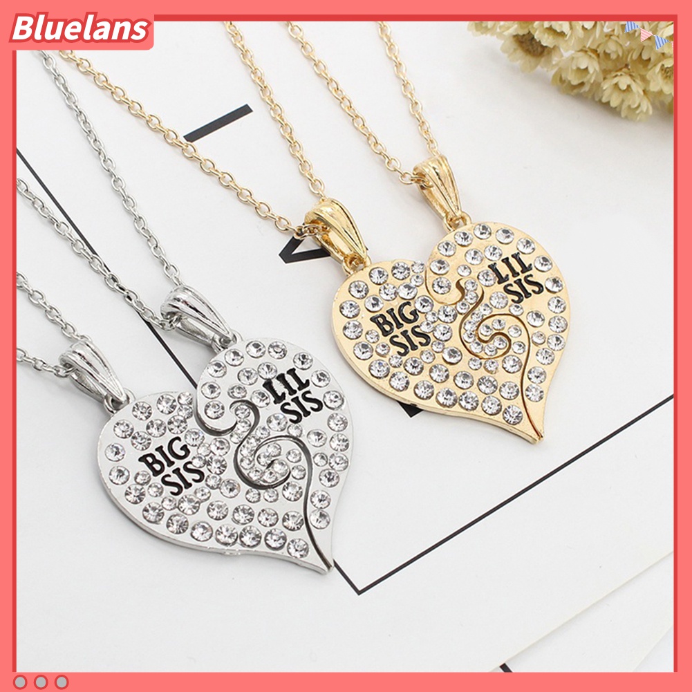 2pcs Kalung Bentuk Hati Motif Tulisan Big Little Sister Aksen Berlian Imitasi