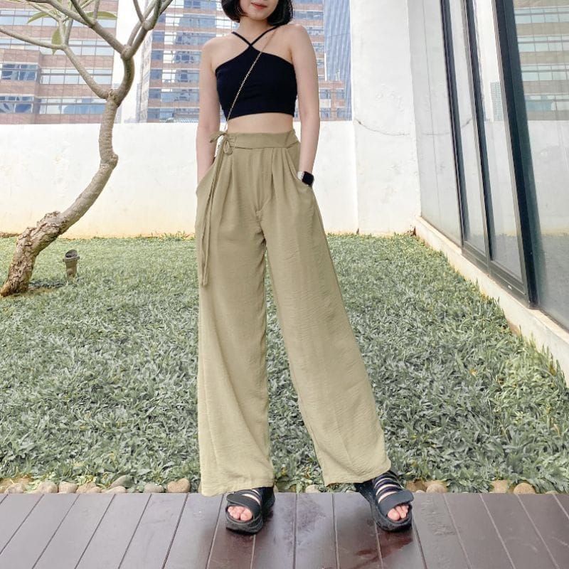 Kulot Crinkle Airflow Tali Samping Premium Highwaist Cullote Pants Wanita Terbaru Kekinian