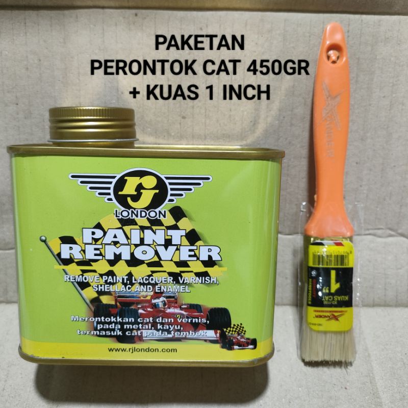 Paketan Cairan Perontok Cat 450gr + Kuas Xander 1&quot; inch Paint Remover RJ LONDON 450 gr Pernis / Serlak / Enamel Kayu Logam Tembok Penghilang Cat