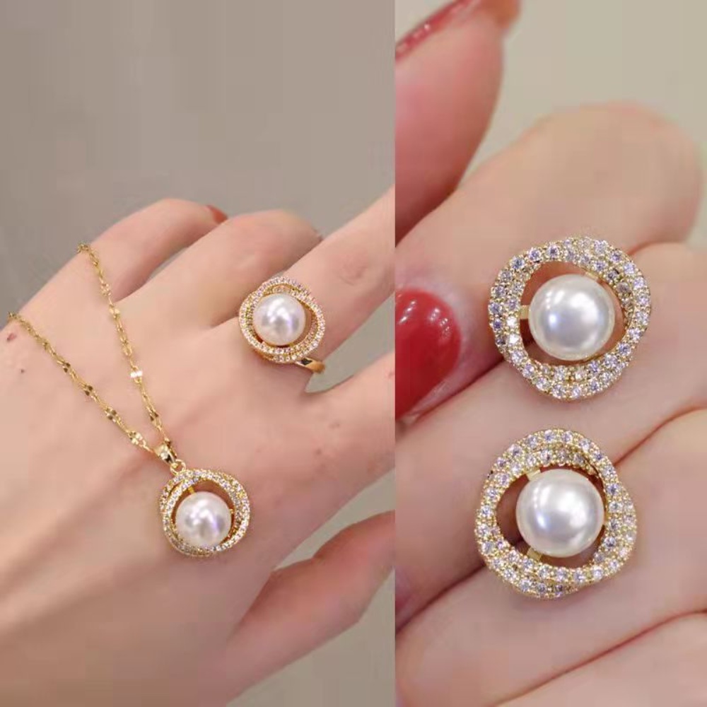 Set Kalung Anting Cincin Mutiara Natural Gaya Korea