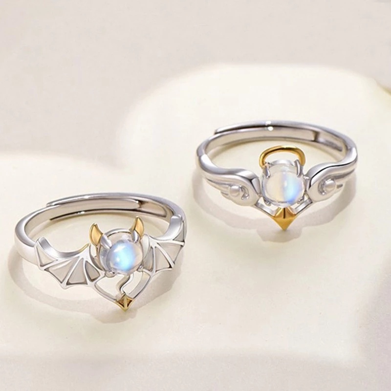 Wanita Pria Fashion Vintage Demon Angel Wing Rings/Ladies Romantic Moonstone Adjustable Open Finger Ring/Pasangan Populer Perhiasan Pesta