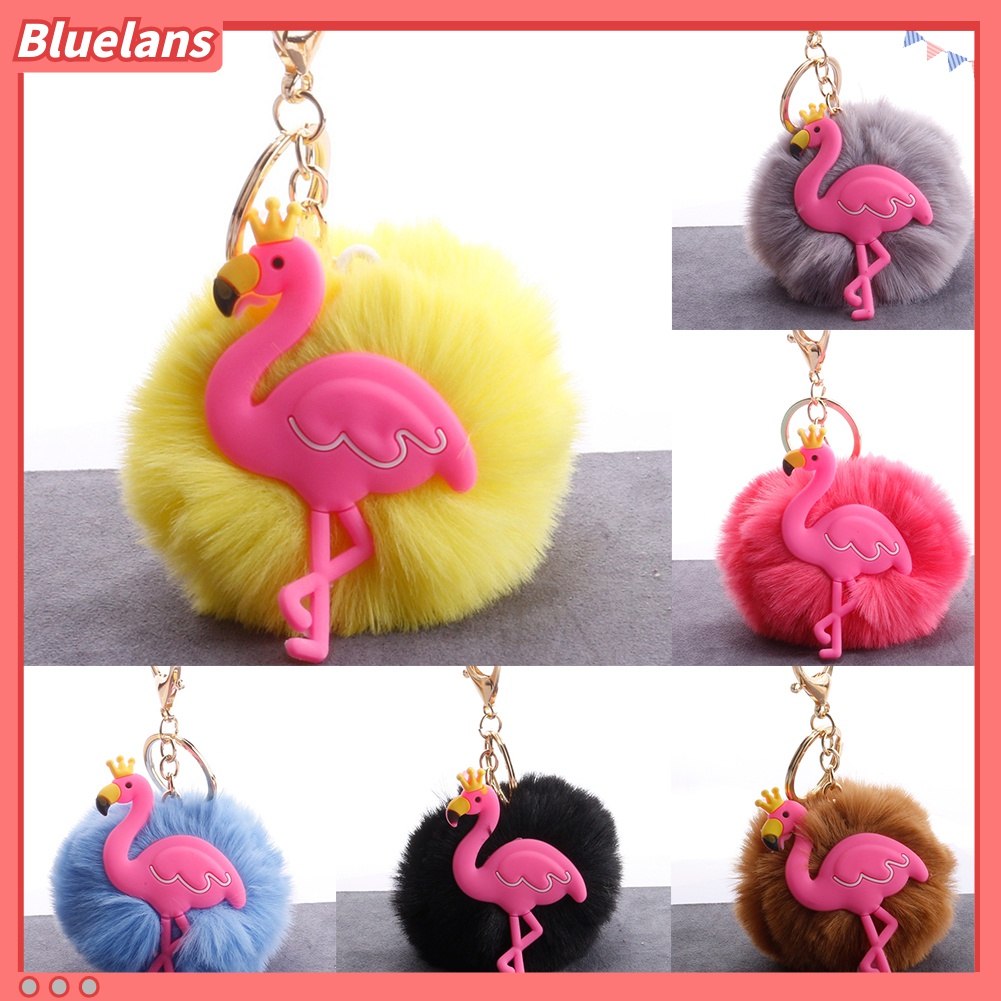 Gantungan Kunci Desain Flamingo Mahkota Pompom Fluffy Untuk Mobil / Tas