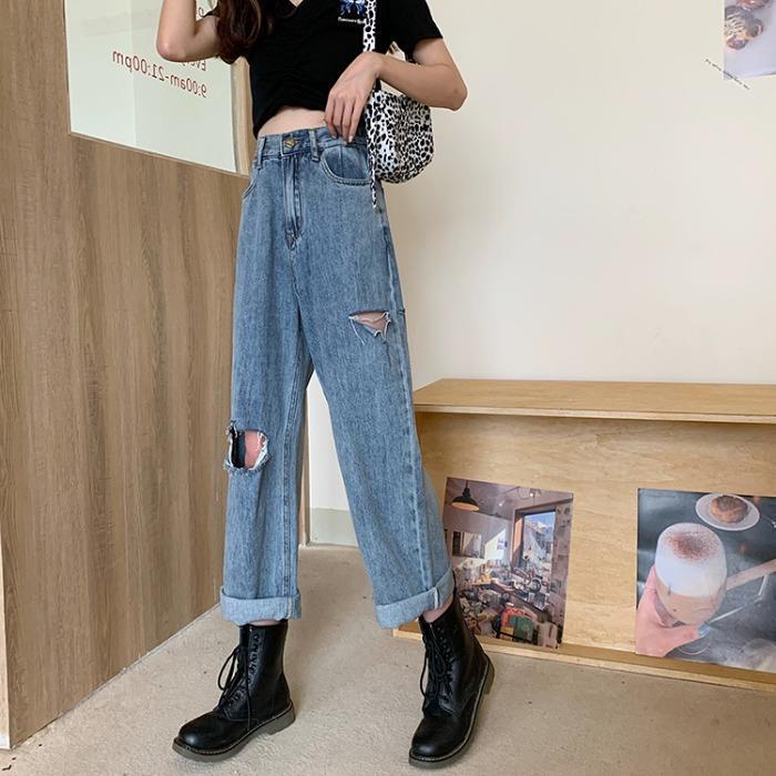 Robek-robek Highwaist Loose Kasual Jeans Wanita  Boyfriend Jeans Ukuran Jumbo