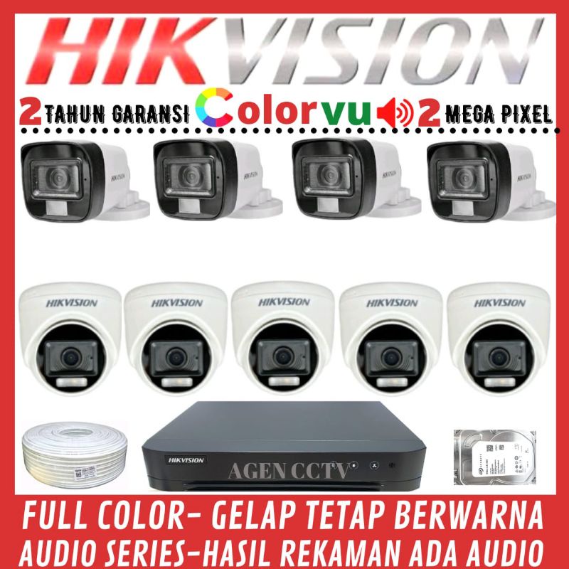 PAKET CCTV HIKVISION COLORVU 2MP 16 CHANNEL 9 KAMERA AUDIO FULL COLOR