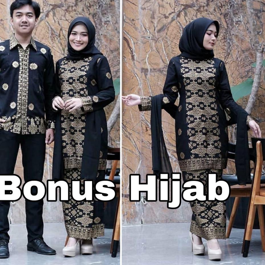 Terlaris.. ( Bonus jilbab ) BATIK COUPLE KEBAYA SONGKET HITAM MERAH EMAS TUNANGAN LAMARAN