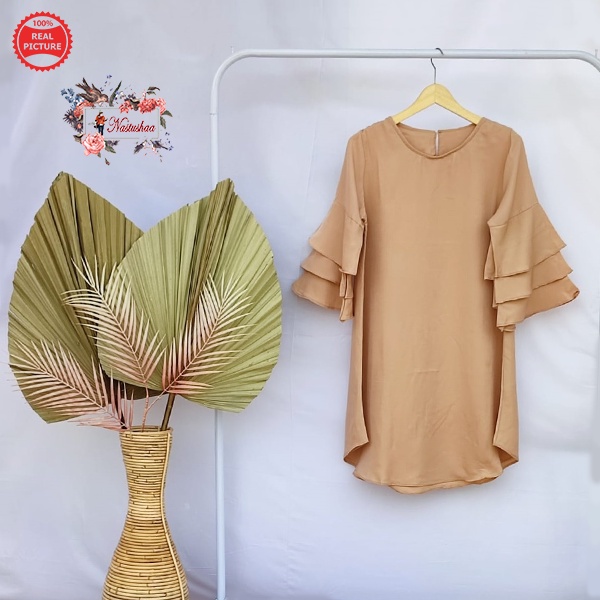 Tunik Wanita Modern Model Lengan Lonceng Tumpuk 7/8 Bahan Wolly Crepe Mocca Baju Atasan Wanita Muslim Terbaru Long Tunik Kekinian