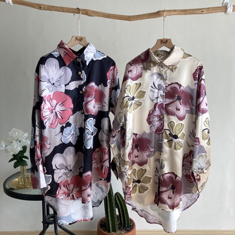 Gista Flower Blouse / Baju Atasan Kemeja Bunga Satin Wanita Import