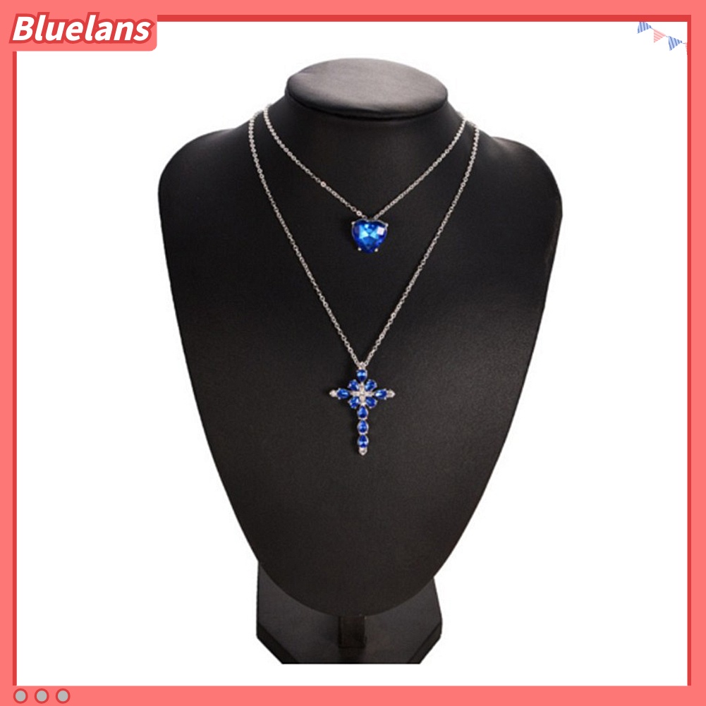 Bluelans Women Two Layer Cross Heart Full Rhinestones Pendant Necklace Chain Jewelry Gift