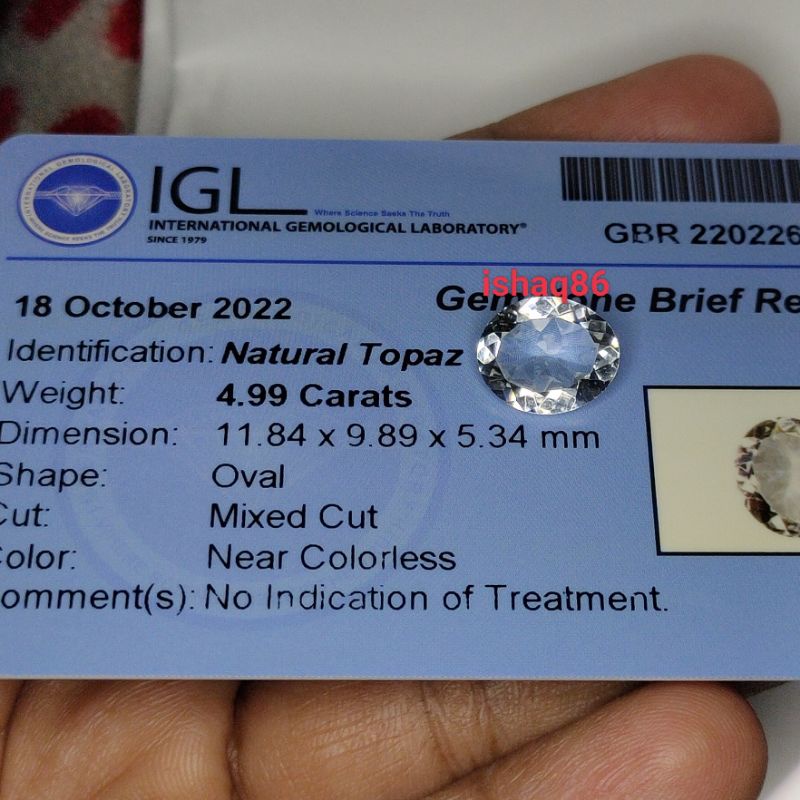 NATURAL COLORLESS WHITE TOPAZ PUTIH MEMO IGL LAB 2669 JAKARTA