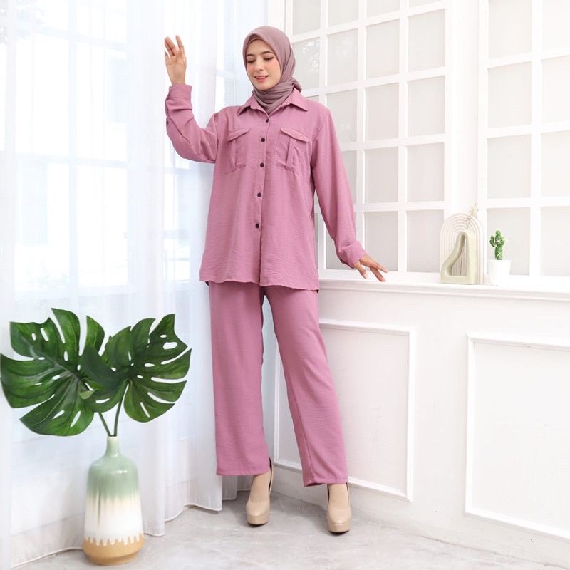 Setelan Bumil Kekinian Baju Hamil Jumbo Ld 110 Setelan Bahan Rayon Crinkle Set Kantong Lipat Polos M