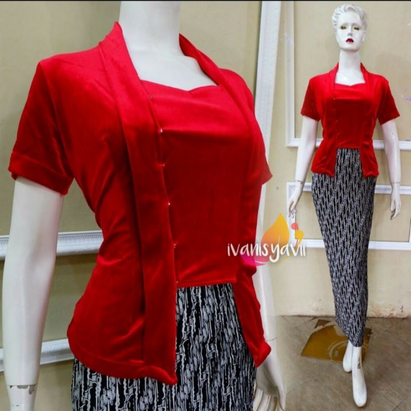 Kebaya Kutubaru Lengan Pendek - Warna Maroon