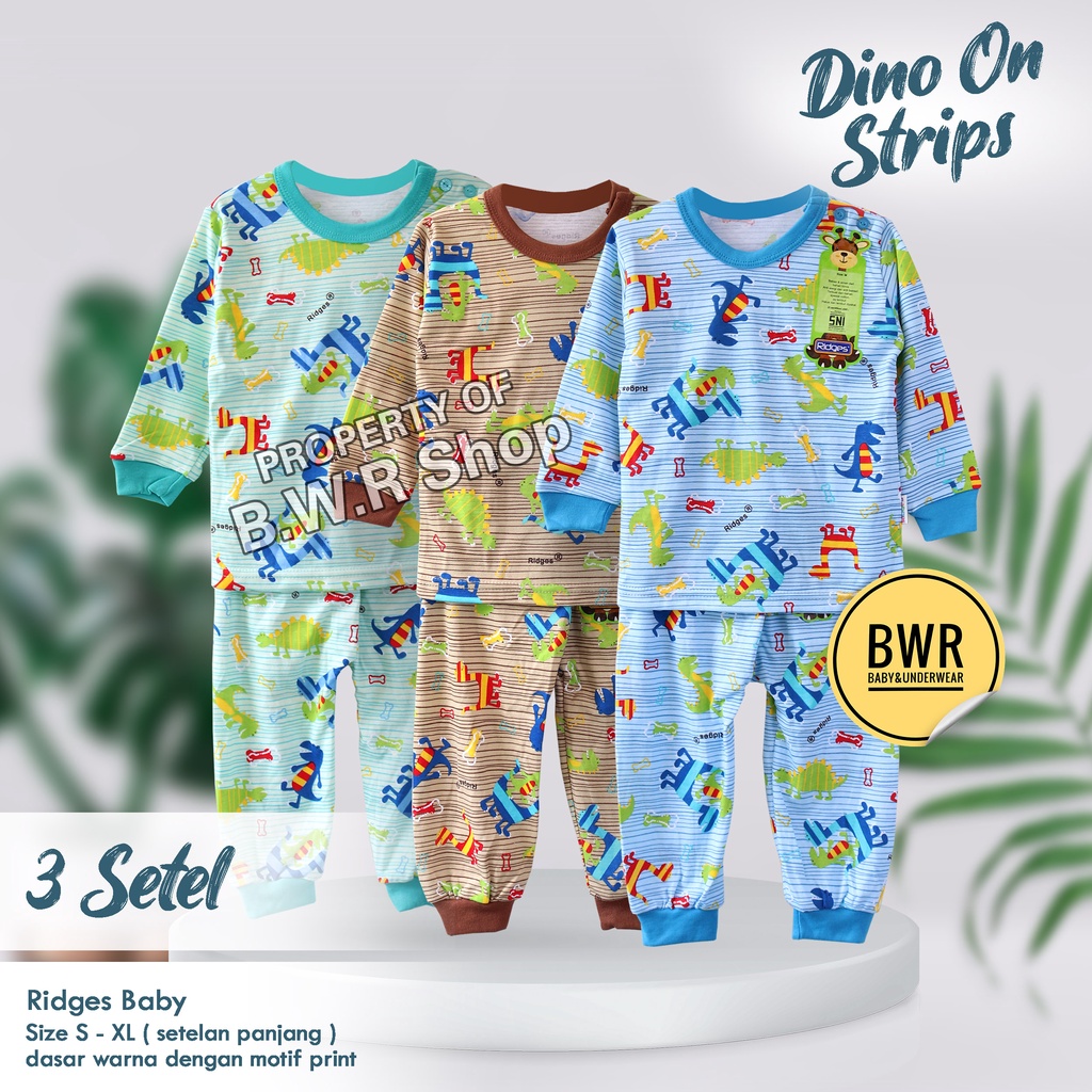 [ 3 Setel ] Setelan RIDGES PANJANG Dino On Strips Terbaru / Setelan Baju Bayi Baju Tidur Anak Unisex Panjang Terlaris 10rs | Bwr