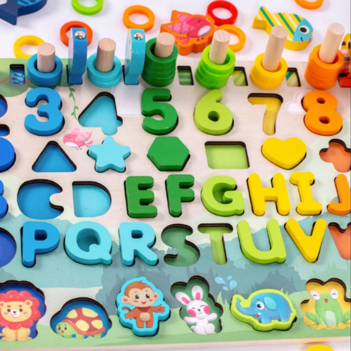Mainan Edukasi Anak Puzzle Balok Kayu 3D Shape Matching Angka Alphabet