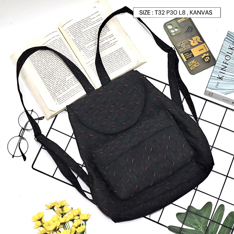 Bayar di Tempat COD Tas Ransel Serut Bahan Kanvas KANTONG Depan Ukuran Medium tas punggung wanita-Warna 680