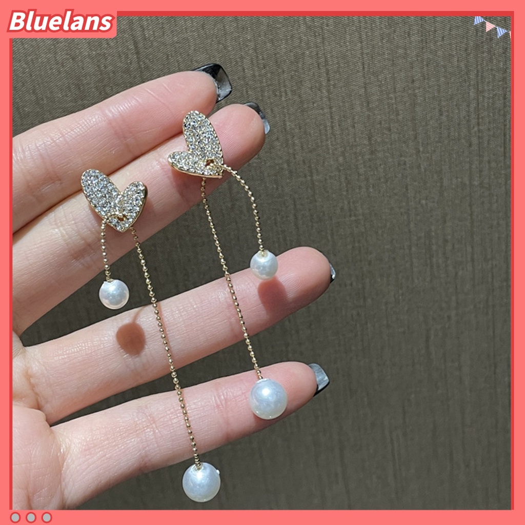 Anting Rumbai Panjang Bentuk Hati Aksen Berlian Imitasi Untuk Wanita