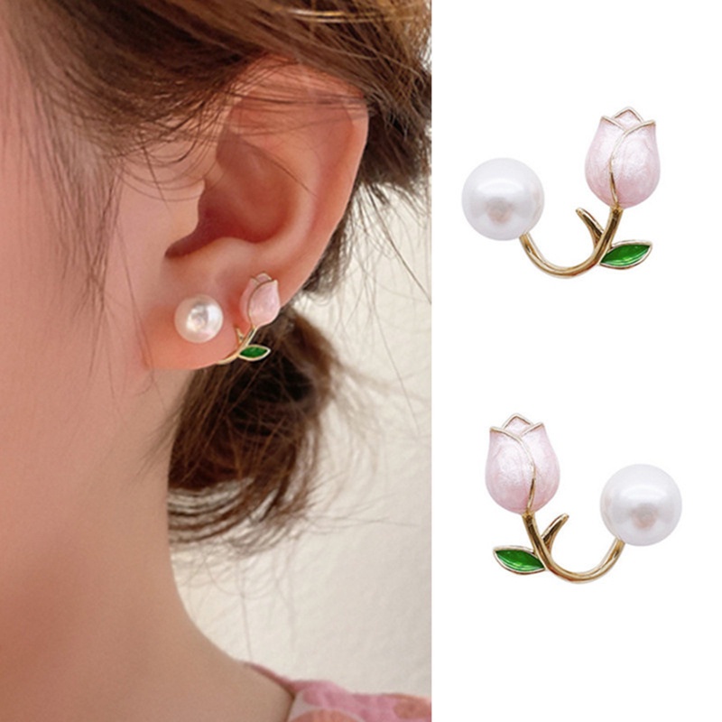 Anting Stud Desain Bunga Pink Aksen Mutiara Gaya Elegan Untuk Wanita