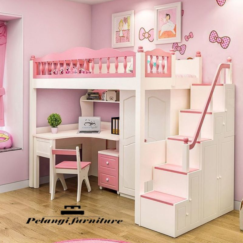 tempat tidur anak tingkat dan meja belajar