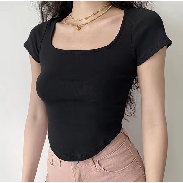 Basic Sexy Crop Top U-Neck Atasan Lengan Pendek Wanita 1547 (S-XL)