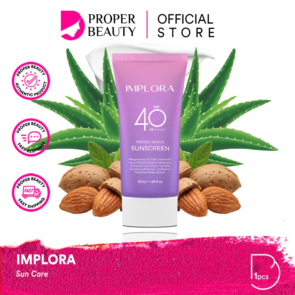 IMPLORA Sun Care Indonesia / Sunscreen Sunblock Tabir Surya / UVA UVB Anti Blue Light Protection Protector Protect Perfect Shield Pelindung Sinar Matahari Kulit Wajah Tubuh / SPF 40 PA+++++ / Sun Screen Sunblok / Skincare Face Body Care / Gel Cream Serum
