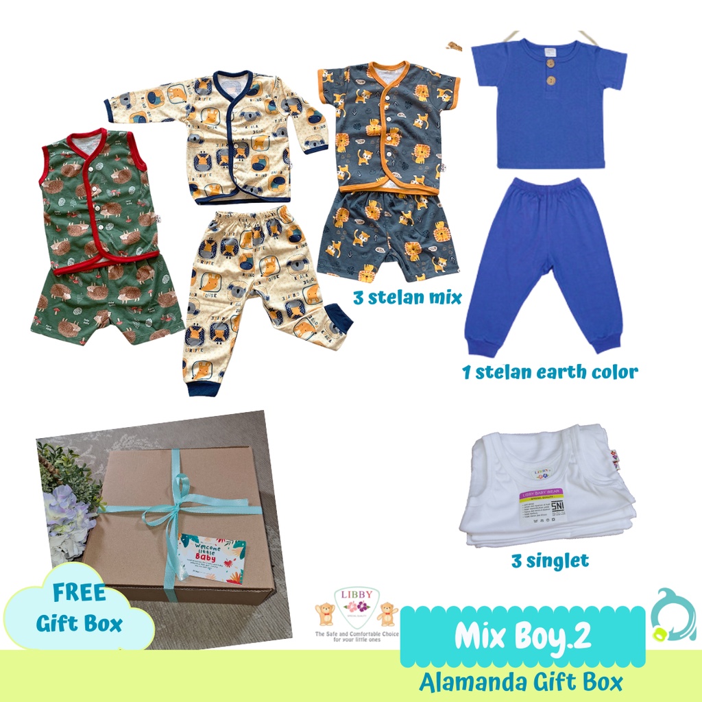 BABY GIFT BOX / HAMPERS (LIBBY) Setelan Panjang, Setelan Pendek, (Earth Color/Motif) Singlet Bayi 6-12m / 1-2y