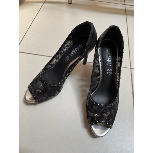 Everbest high heels size 38 lace open toe peep toes black hitam