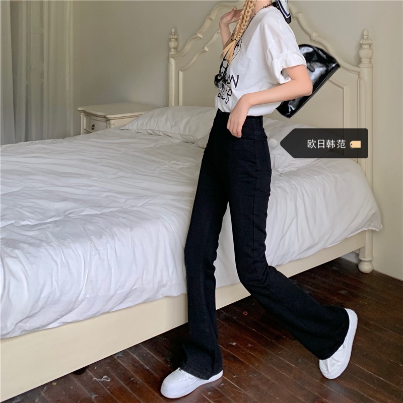 Highwaist Hitam Straight Celana Jeans Panjang Wanita / Korean Fashion Kasual Celana Cutbray Wanita