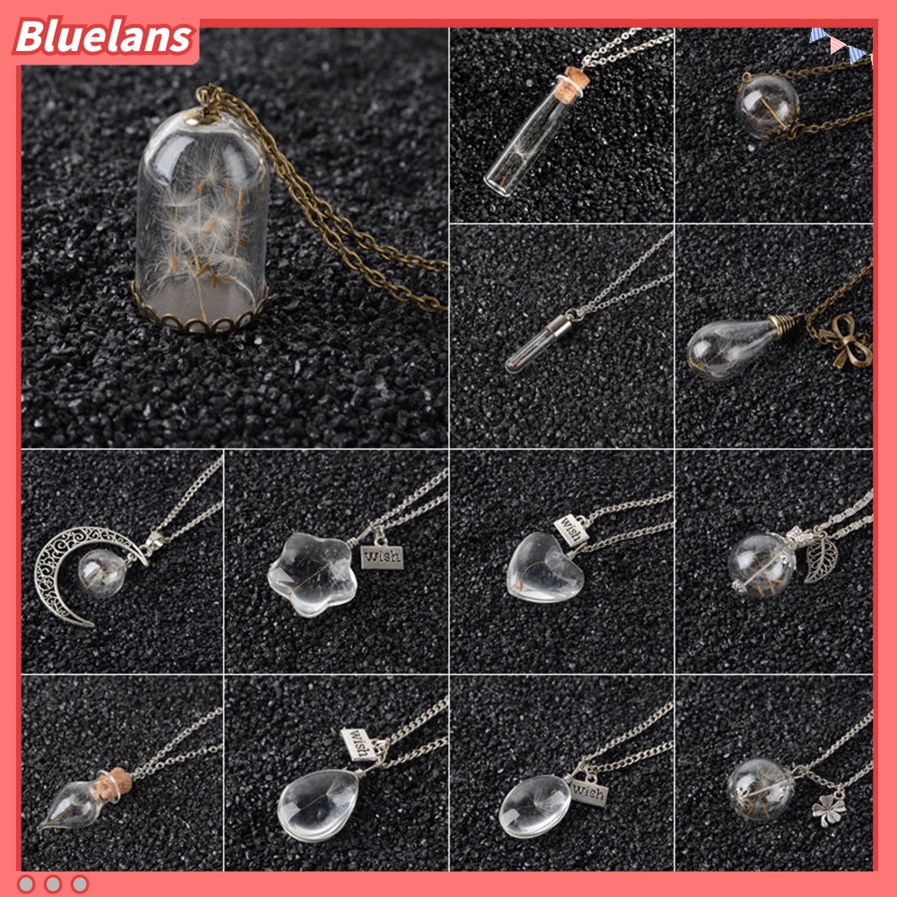 Bluelans Kalung Rantai Panjang Dengan Liontin Botol Kaca Isi Bunga Dandelion Kering Untuk Unisex