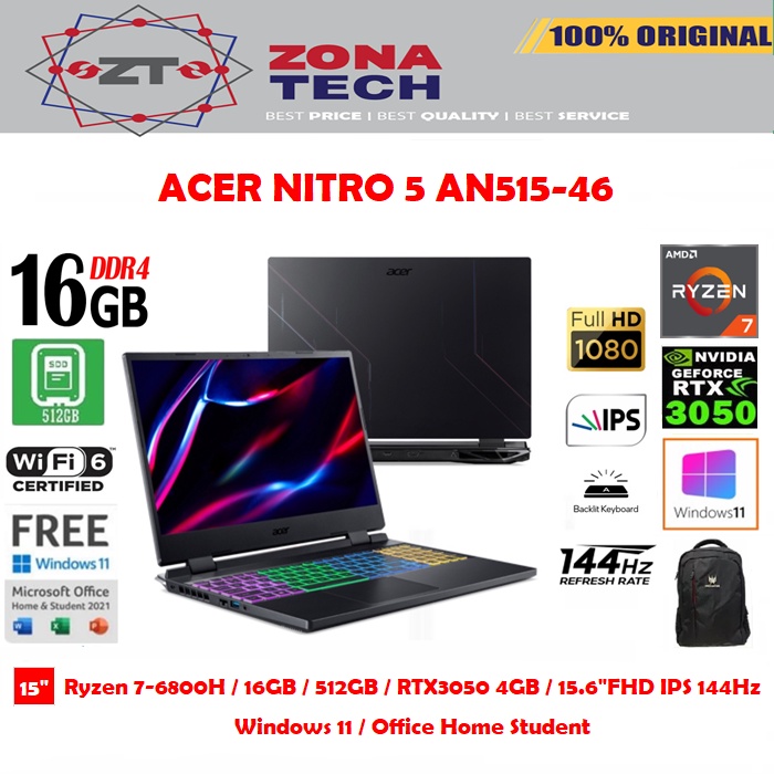 ACER NITRO 5 AN515-46-R8YC - RYZEN 7-6800H - 16GB - 512GB - NVIDIA RTX3050 4GB - 15.6&quot;FHD IPS  - WIN11 - OHS