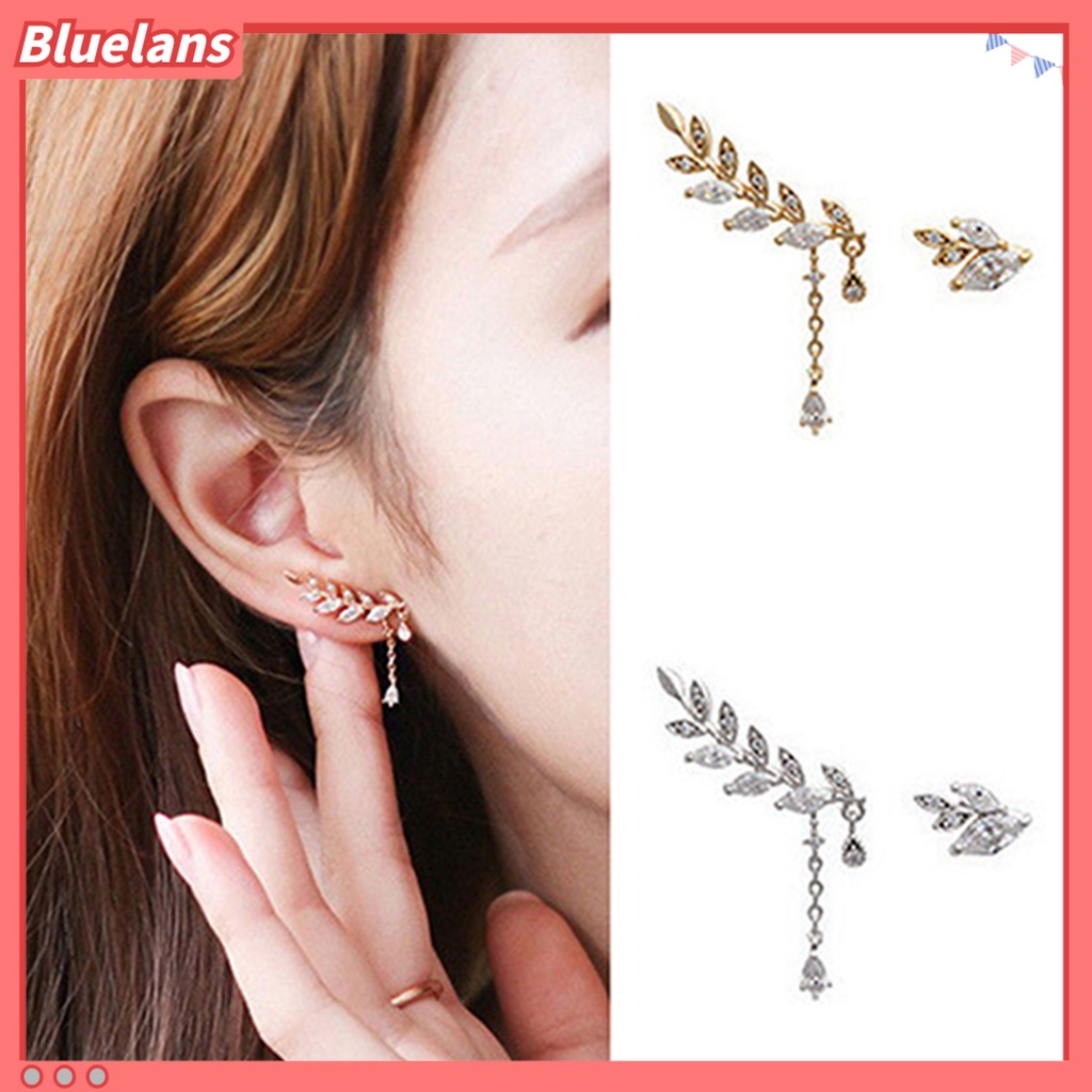 Bluelans Anting Tusuk Gantung Asimetris Desain Daun Hias Berlian Imitasi Anti Karat Untuk Wanita