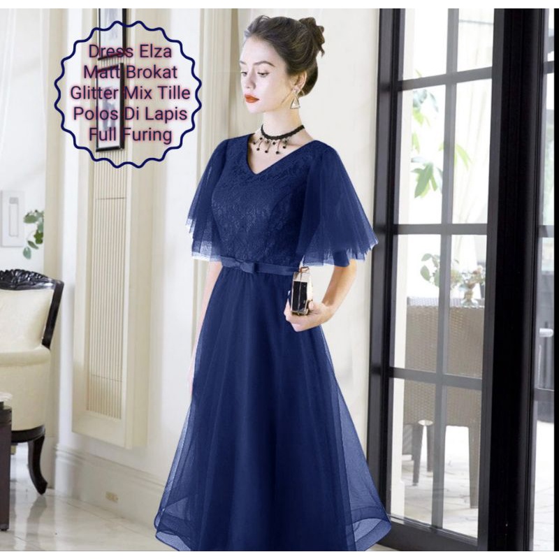 Dress Wanita Midi Terbaru Matt Brokat Glitter/Dress Elza Size  L-XL-XXL Cocok Untuk Acara Natal Dan Pesta Model Kekinian Viral