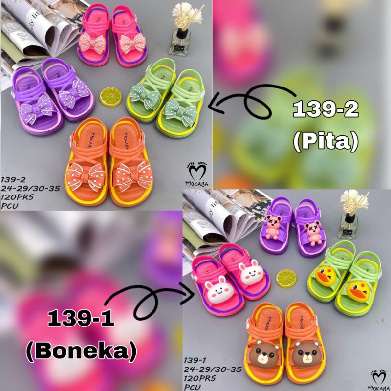 Sandal Let Anak Cewek Cowok Tali Silang Ban Bear Duck Rabbit &amp; Pita Super Empuk Lucu Imut Kiyowo Keren Trendy Import Mokaya / Size 24-29 (139-1 &amp; 139-2)