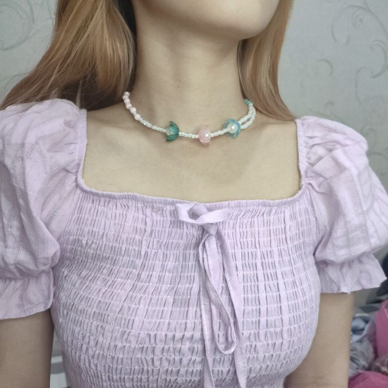 Ivanna Flowery Beads Necklace Colorful Kalung Kelopak Bunga Aesthetic Korea Mutiara Pearl Warna Warni
