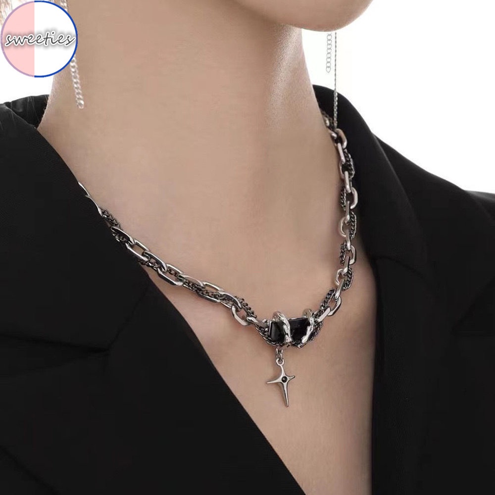 Kalung Rantai titanium steel Liontin Salib Hias Batu Hitam Gaya Punk hip Hop Untuk Wanita