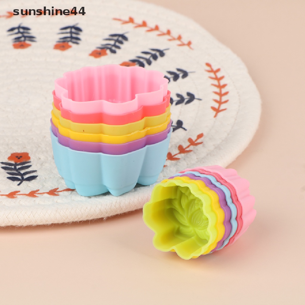 Sunshine 5Pcs Cetakan Kue Muffin Bentuk Bunga Lotus Bahan Silikon 3 / 5cm