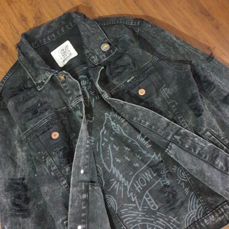 Top banget--Galfinc Jaket Jeans Ripped Pria + Doodle Art Black Wolf Howl
