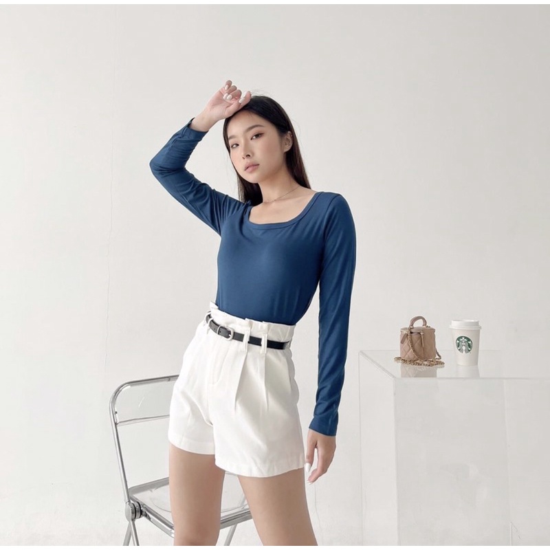 MORA SQUARE NECK LONGSLEEVE TOP KOREA - KAOS MANSET POLOS LENGAN PANJANG WANITA - PREMIUM TEE POLOS CUTTING WANITA COLORFUL - HADIAH / KADO ULTAH CEWEK