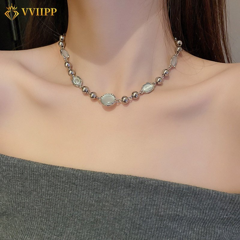 Kalung Choker Rantai Klavikula Hias Permata Warna Silver Gaya Elegan Untuk Wanita