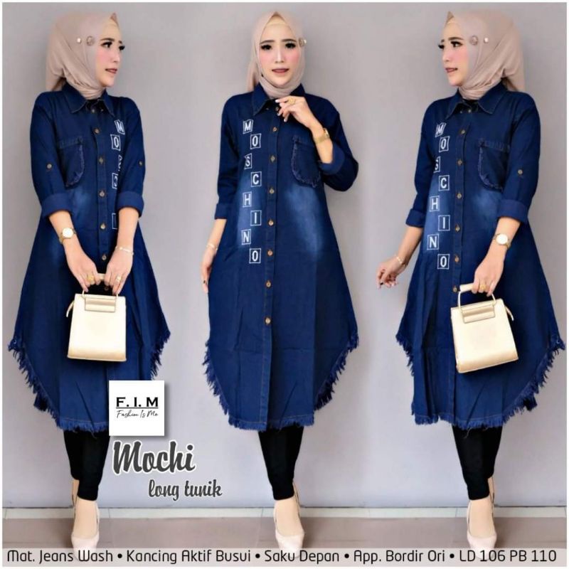 Mochi Long Tunik Original Jeans Washed Kancing Aktif Busui Saku Depan  Dan App Bordir Asli